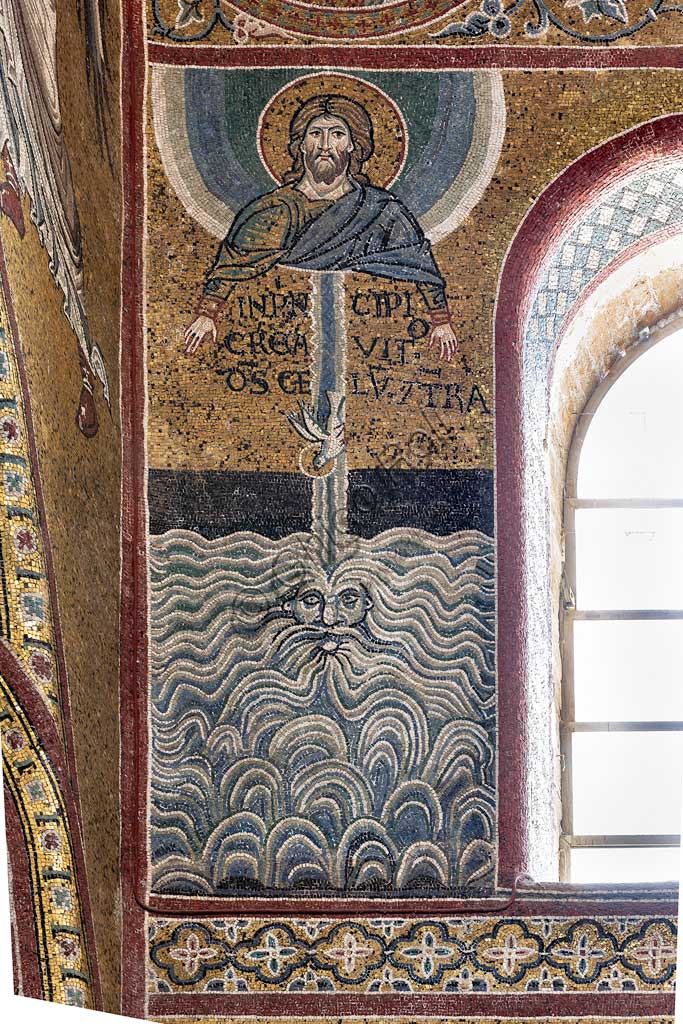 Monreale, Duomo: "Creazione del cielo e della terra" , Ciclo del Vecchio Testamento - La Creazione, mosaico bizantino, XII - XIII sec.Iscrizione latina: "IN PRINCIPIO CREAVIT DEUS CÆLUM ET TERRAM".