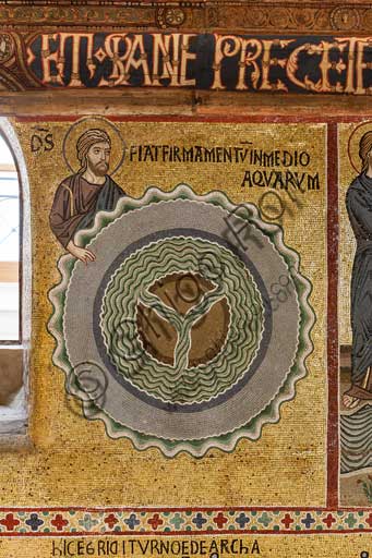 Palermo, Palazzo Reale o Palazzo dei Normanni,  Cappella Palatina (Basilica), ciclo di mosaici Vecchio Testamento, ciclo della Creazione: "Creazione del cielo e della terra", XII secolo.