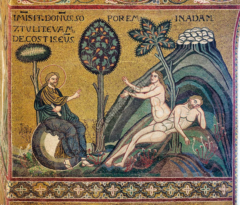 Monreale, Duomo: "La creazione di Eva", mosaico bizantino, XII - XIII sec., sulla controfacciata.Iscrizione latina: "Immisit Dominus soporem in Adam et tulit Evam de costis eius".