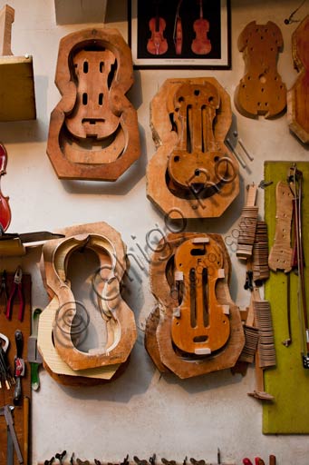  Cremona, Stefano Conia's  luthier workshop: hand tools and some soundboard models. 