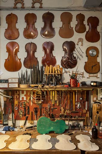  Cremona, Stefano Conia's  luthier workshop: hand tools and some soundboard models.