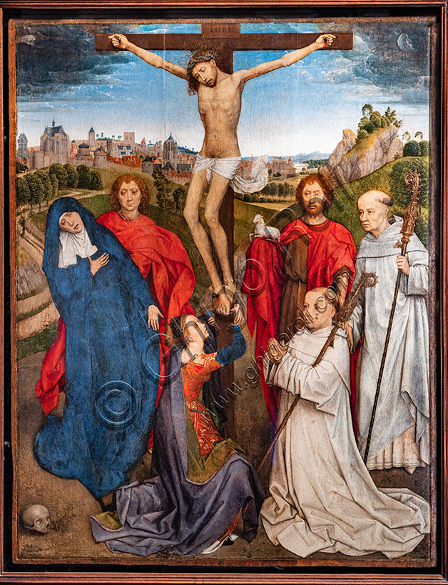 “Cristo crocifisso con Madonna, Giovanni evangelista e battista, Maddalena e due abati cistercensi”, pannello centrale del trittico di Jab Crabbe, di Hans Memling, olio su tavola, 1468-70.