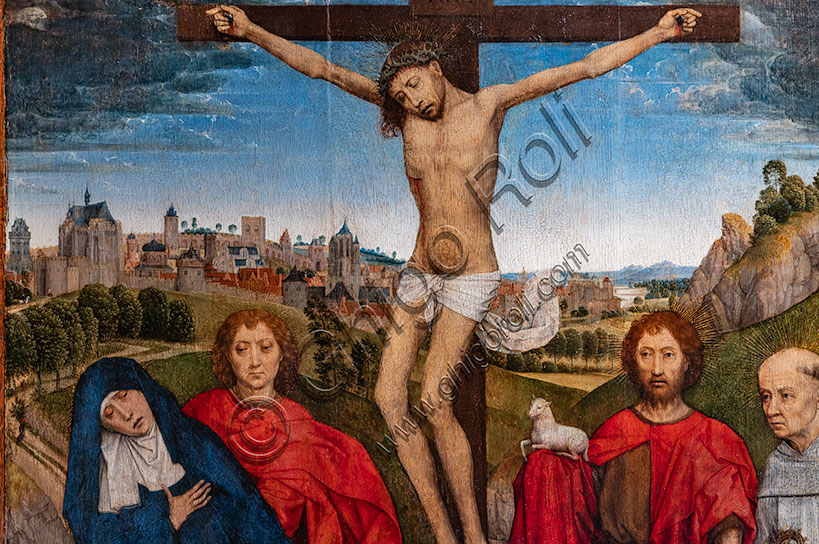 “Crucified Christ with the Virgin, St. John the Baptist and the Evangelist, Mary Magdalena and two cistercian abbots”, central panel of the triptych of Jan Crabbe, by Hans Memling, 1468-70, oil painting on panel. Detail.