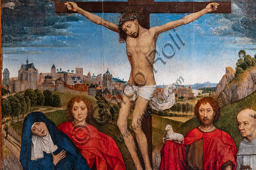 “Cristo crocifisso con madonna, Giovanni evangelista e battista, Maddalena e due abati cistercensi”, pannello centrale del trittico di Jab Crabbe, di Hans Memling, olio su tavola, 1468-70. Particolare.