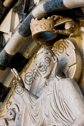 , Genoa, Duomo (St. Lawrence Cathedral), West side, the façade, the main doorway: detail of the lunette with "Christ in Judgement", by Master of lunette of the Genoa Cathedral, 1225.