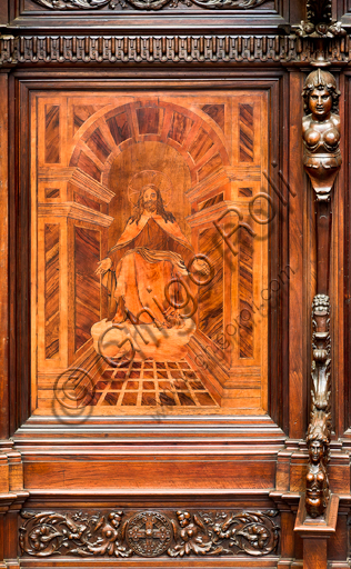 , Genoa, Duomo (St. Lawrence Cathedral), inside,  presbitery, apse, choir: "Christ in Glory", wood intarsia by  Vincenzo e Tommaso Garassino (XIX century).