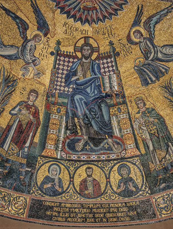  Basilica of St. Ambrose, apse: mosaic, V-VIII century. Detail of the enthroned Christ, who is blessing among angels and saints.