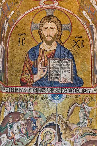 Palermo, Palazzo Reale o Palazzo dei Normanni,  Cappella Palatina (Basilica), abside meridionale o absidiola di San Paolo, mosaici: "Cristo Pantocrator" e "Natività", secolo XII.