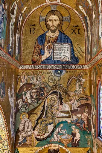 Palermo, Palazzo Reale o Palazzo dei Normanni,  Cappella Palatina (Basilica), abside meridionale o absidiola di San Paolo, mosaici: "Cristo Pantocrator" e "Natività", secolo XII.