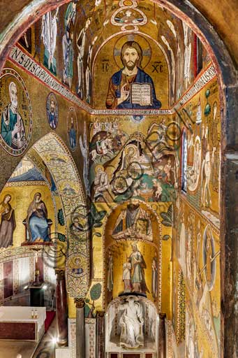 Palermo, The Royal Palace or Palazzo dei Normanni (Palace of the Normans), The Palatine Chapel (Basilica), Southern apse or St. Paul's "absidiola", mosaics: from the top "Christ Pantocrator", "Nativity" and "St.Paul", XII century.