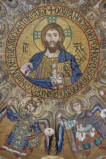 Palermo, The Royal Palace or Palazzo dei Normanni (Palace of the Normans), The Palatine Chapel (Basilica), dome of the transept: mosaic "Blessing Christ Pantocrator between angels and archangels", XII century.