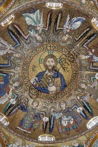 Palermo, The Royal Palace or Palazzo dei Normanni (Palace of the Normans), The Palatine Chapel (Basilica), dome of the transept: mosaic "Blessing Christ Pantocrator between angels and archangels", XII century.