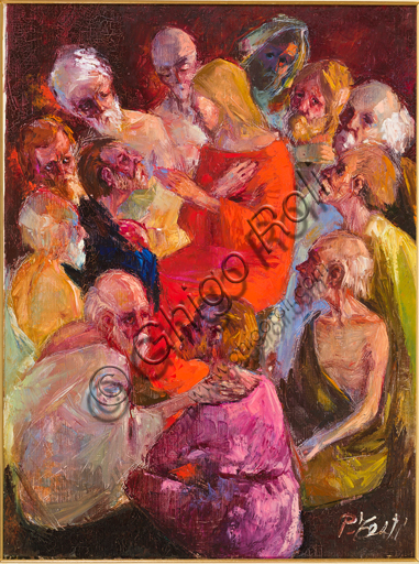 Pierluigi Testi (1932-1993), "Cristo tra gli Apostoli"; olio su tela, cm. 80 X 60.