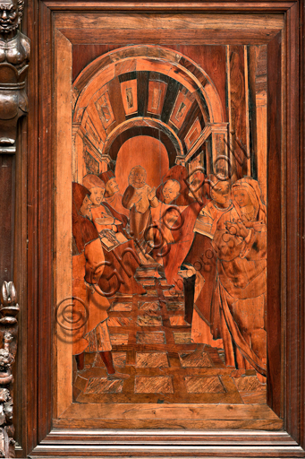 , Genoa, Duomo (St. Lawrence Cathedral), inside,  presbitery, apse, choir, South side: "Christ among the Doctors", wood intarsia by  Gian Michele De' Pantaleoni (XVI century).