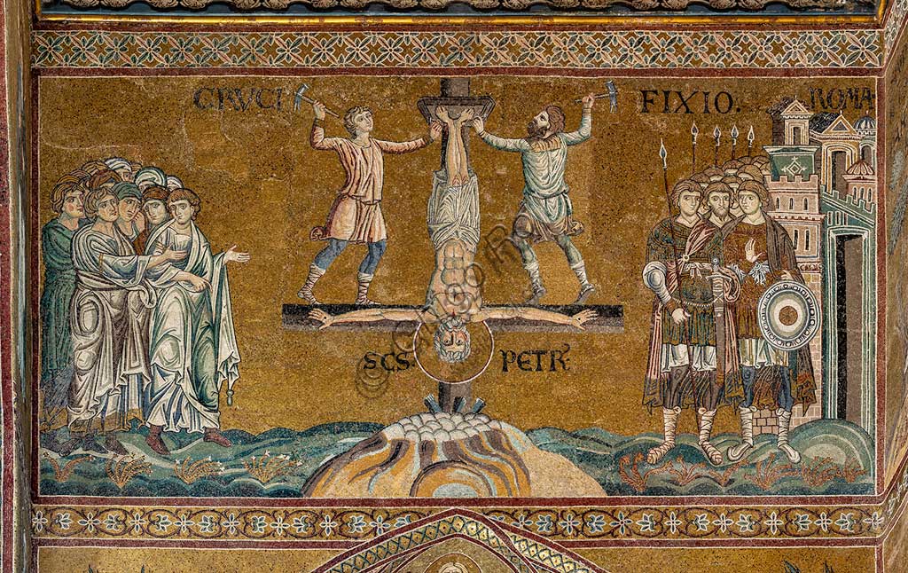  Monreale, Duomo: "St. Peter's crucifixion in Rome", Byzantine mosaic, XII - XIII centuries in  the Southern transept.