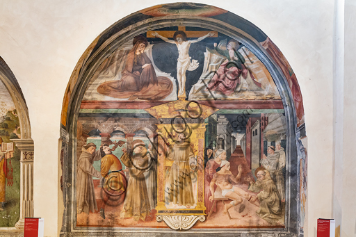 Montefalco,  Complesso Museale di San Francesco, Chiesa di San Francesco,  Nicchia di S. Antonio da Padova: "Crocifissione e storie di S. Antonio da Padova",affreschi di Jacopo Vincioli di Spoleto (espressionista gozzolesco), metà XV secolo.  In alto, Cristo crocifisso tra la Vergine e San Giovanni. In basso ai lati, "Miracoli del Santo" (a sinistra, "S. Antonio libera un indemoniato"; a destra,"S. Antonio risana Leonardo da Padova".