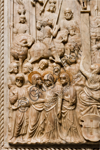 , Genoa, Duomo (St. Lawrence Cathedral), inside, the Southern aisle, southern wall: "Crucifixion" (1443) from the funerary monument of Girolamo Calvi, by Lombard artist of the Gagini workshop.Detail of the pious women.