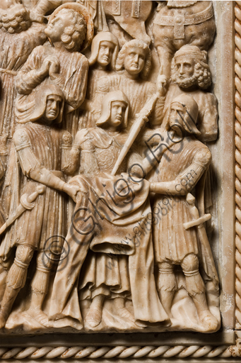 , Genoa, Duomo (St. Lawrence Cathedral), inside, the Southern aisle, southern wall: "Crucifixion" (1443) from the funerary monument of Girolamo Calvi, by Lombard artist of the Gagini workshop.Detail.