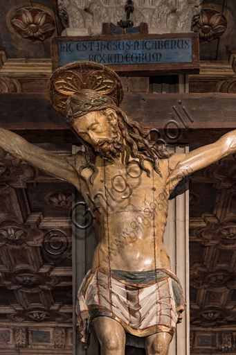   Crucifix in polychrome wood, XV century. Detail.