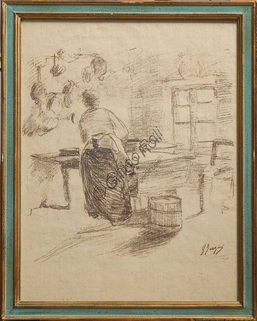   Assicoop - Unipol Collection: Giuseppe Graziosi (1879-1942), "In the kitchen", lithograph on paper.