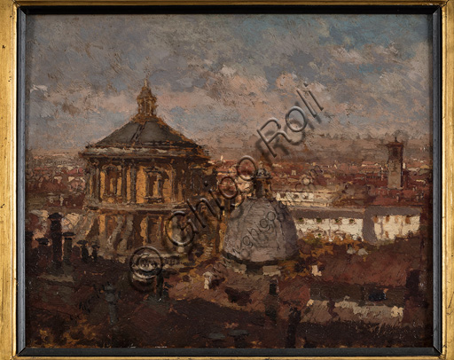 Assicoop - Unipol Collection: Giuseppe Mentessi (1857 - 1931), "The Domes of St. Sebastian Church in Milano", oil painting, cm 24 X 31.