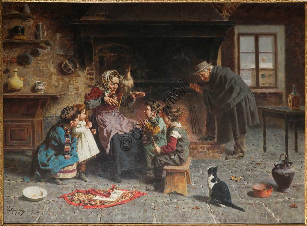 Assicoop - Unipol Collection: "At the grandmother's", by Eugenio Zampighi 1859 - 1944), oil on canvas.