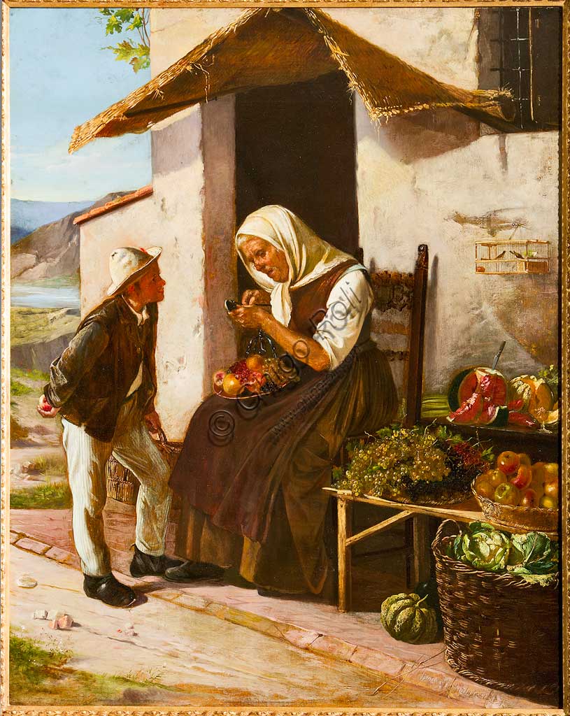 Assicoop - Unipol Collection: Narciso Malatesta (1835 - 1896), "At the Greengrocer's". Oil Painting, cm 101 x 80,5.