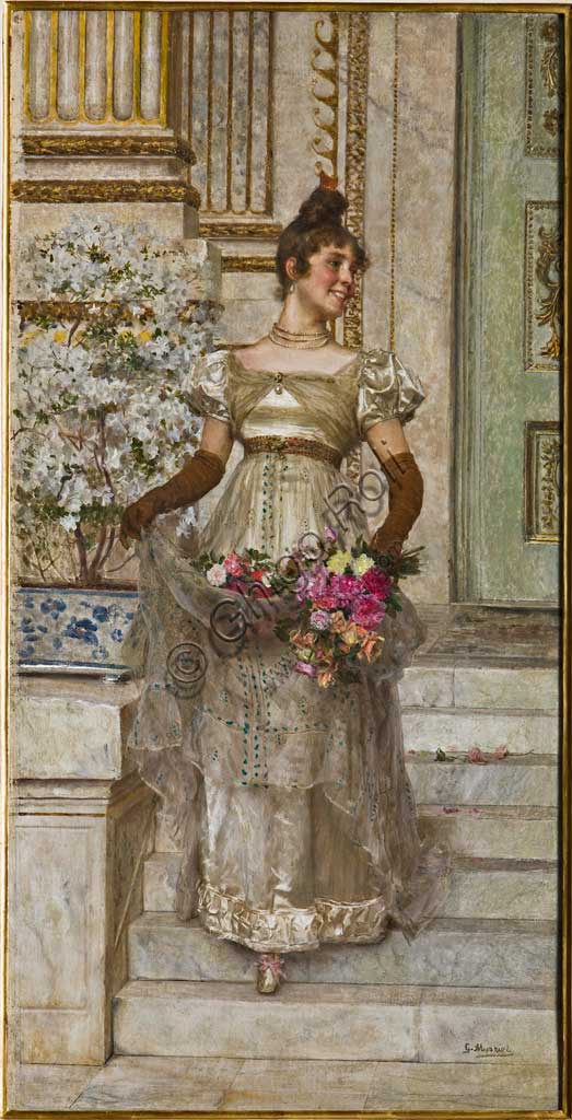 Collezione Assicoop Unipol: Giovanni Muzzioli (1854 - 1894) "Dama che scende le scale". Olio su tela.