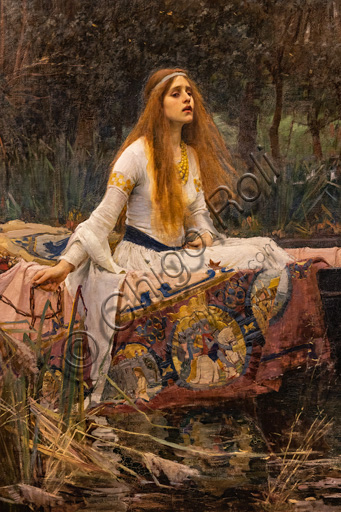 "La Dama di Shalott", 1888 di John William Waterhouse  (1849 - 1917); olio su tela. Fonte ispiratrice è l'omonimo poema di Alfred Tennyson. Particolare.