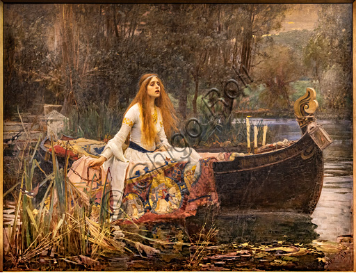 "La Dama di Shalott", 1888 di John William Waterhouse  (1849 - 1917); olio su tela. Fonte ispiratrice è l'omonimo poema di Alfred Tennyson.
