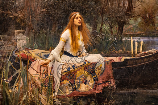 "La Dama di Shalott", 1888 di John William Waterhouse  (1849 - 1917); olio su tela. Fonte ispiratrice è l'omonimo poema di Alfred Tennyson. Particolare.