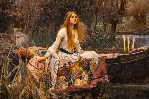  "The Lady of Shalott", 1888 by  John William Waterhouse  (1849 - 1917); oil painting on canvas. The subject is based on the poem by Alfred Tennyson of the same name. Detail.