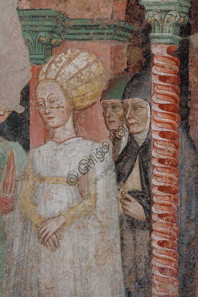 Ferrara, Pinacoteca Nazionale: fresco detached from the Church of San Domenico on the subject of the Stories of St. John the evangelist, by Maestro G.Z. (Michele dai Carri?), 15th century. Detail with gentlewoman.