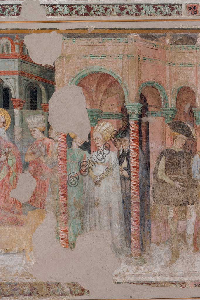 Ferrara, Pinacoteca Nazionale: fresco detached from the Church of San Domenico on the subject of the Stories of St. John the evangelist, by Maestro G.Z. (Michele dai Carri?), 15th century. Detail with gentlewoman.
