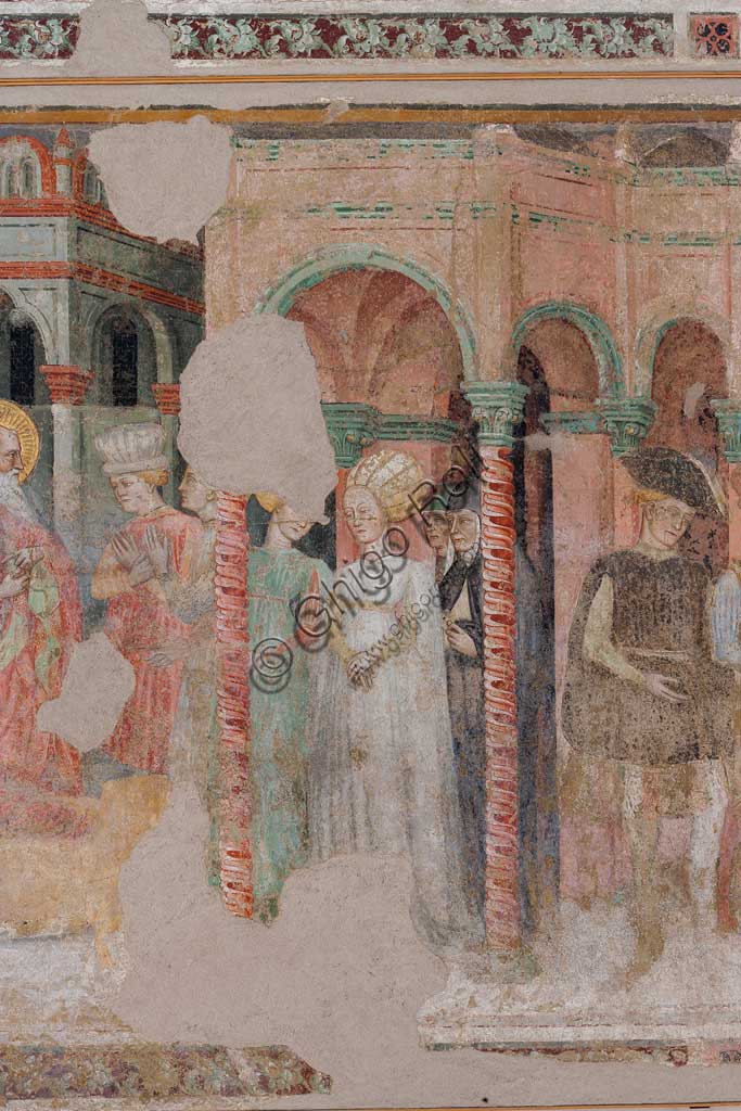 Ferrara, Pinacoteca Nazionale: affresco staccato dalla chiesa di San Domenico sulle Storie di San Giovanni Evangelista, attribuito a Maestro G.Z. (Michele dai Carri?), XV sec. Particolare con dama.