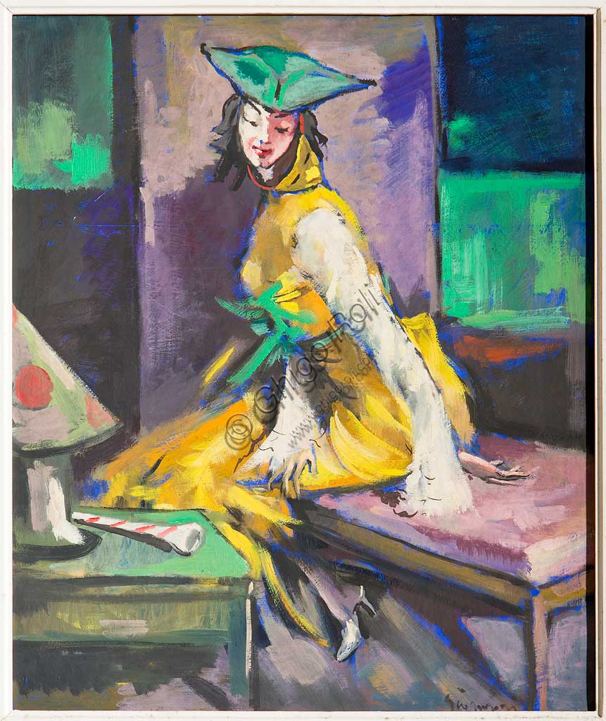 Assicoop - Unipol Collection: Giovanni Guerzoni (1876-1948), "Masked Woman". Olio su tela, cm 60 x 50.