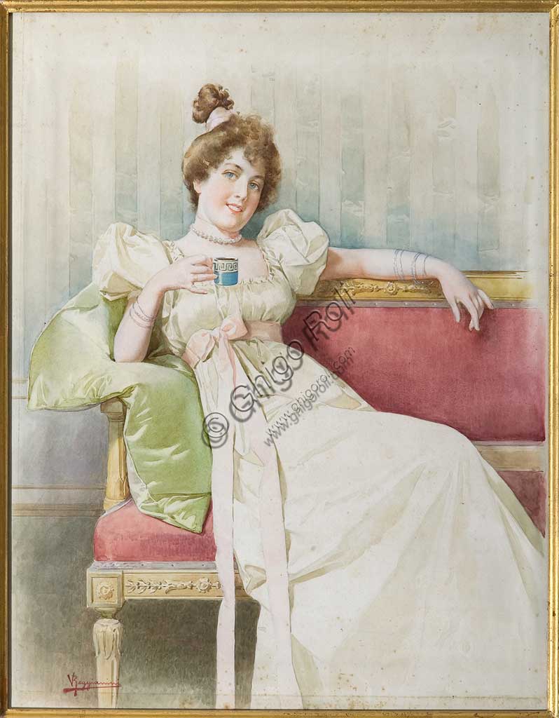   Assicoop - Unipol Collection: Vittorio Reggianini (1858 - 1938): "Lady on the sofa", watercolor on paper, cm. 49 x 39.