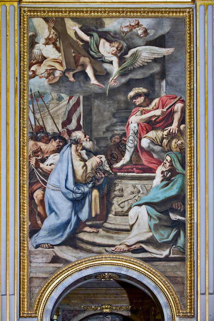 Basilica di S. Andrea della Valle, riquadri sopra i passaggi dell'avancoro, affreschi con episodi della vita di S. Andrea: "Condanna del Santo pronunciata da Egea". Affresco di Carlo Cignani e Emilio Taruffi, realizzato dopo il 1662.