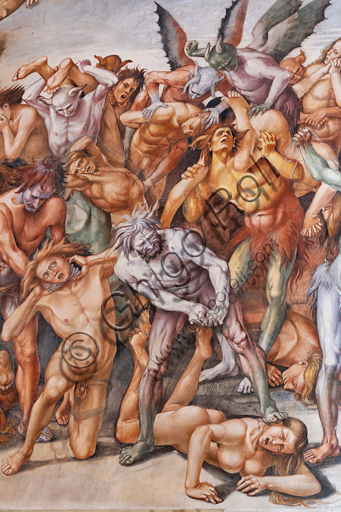  Orvieto,  Basilica Cathedral of Santa Maria Assunta (or Duomo), the interior, Chapel Nova or St. Brizio Chapel, the lunette of the east wall: "Damned to hell", fresco by Luca Signorelli, (1500 - 1502). Detail with devils and damned.