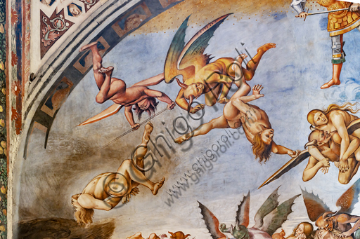 Orvieto, Basilica Cattedrale di Santa Maria Assunta (o Duomo), interno, Cappella Nova o di San Brizio, lunetta della parete est: "Dannati all'inferno", affresco di Luca Signorelli, (1500 - 1502). Particolare  con diavoli e dannati. 