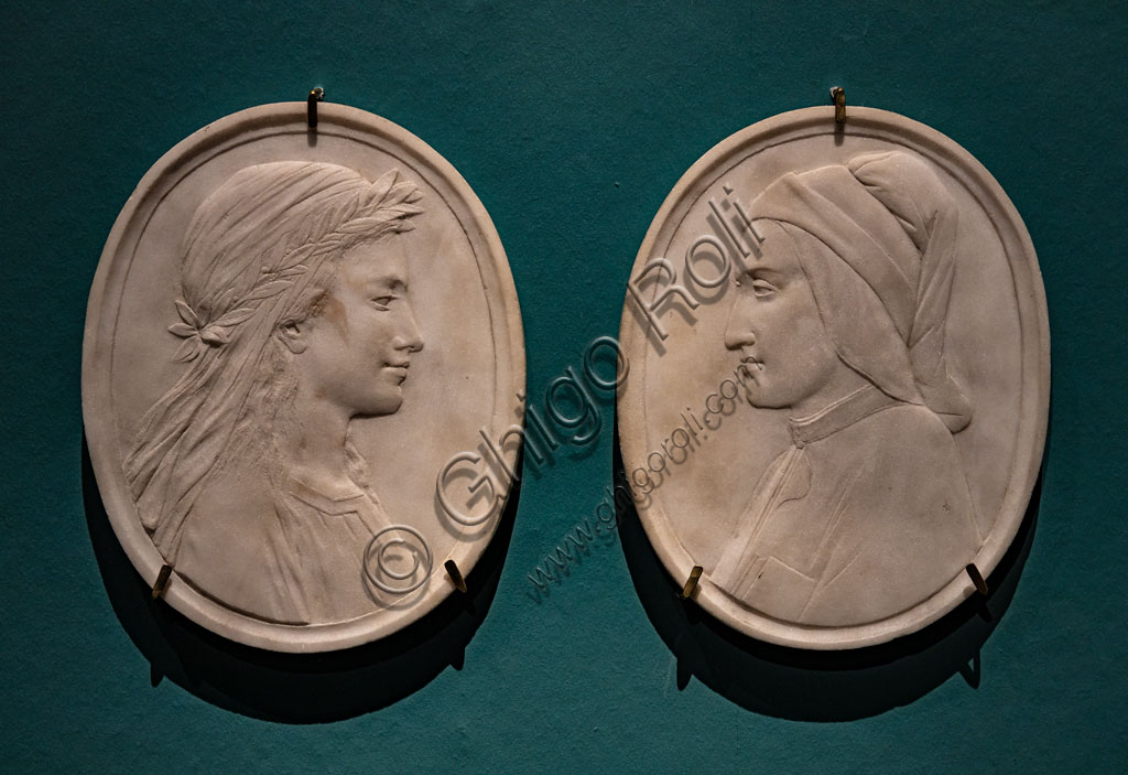 “Dante”, “Beatrice” by Tuscan workshop, second half XIX century, marble.