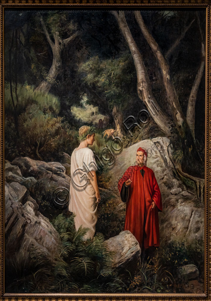 “Dante incontra Virgilio. Inferno canto I”, di Pietro Senno, 1901, olio su tela.Illustrazione per la Divina Commedia edita dai Fratelli Alinari, 1902-3.