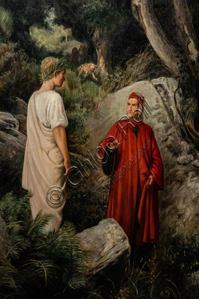 “Dante meets Virgil. Hell, canto I”, by Pietro Senno, 1901, oil painting on canvas. Illustration for the Divine Comedy published by F. lli Alinari in 1902-3. Detail.