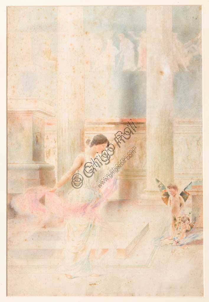 Collezione Assicoop - Unipol: Giovanni Muzzioli (1854-1894), "Danza Nuziale". Acquerello, cm. 47x37.