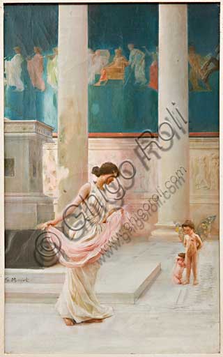 Collezione Assicoop Unipol: Giovanni Muzzioli (1854 - 1894), "La danza nuziale". Olio su tela, cm 52,5 x 32,5.