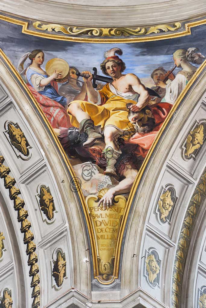 Rome, S. Ignazio Church, interior: detail of one of the pendentives of the false dome of the transept: "David and Goliath", fresco by Andrea Pozzo, 1685.