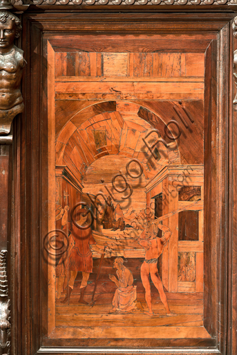 Genova, Duomo (Cattedrale di S. Lorenzo), interno, abside, coro, lato nord: "La decollazione del Battista", tarsia lignea di Giovanni Francesco Zambelli (secolo XVI).