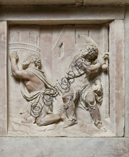 Genova, Duomo (Cattedrale di S. Lorenzo),  interno, cappella Cybo (braccio settentrionale del transetto), Monumento Funebre dell'Arcivescovo Giuliano Cybo: formelle con scene bibliche ("La decollazione del Battista"), di Giangiacomo e Guglielmo Della Porta, e di Niccolò Da Corte (1533 - 1537).