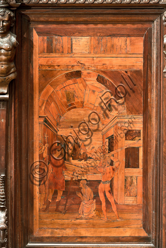 , Genoa, Duomo (St. Lawrence Cathedral), inside, apse, choir, North side: "The Beheading of the Baptist", wood intarsia by Giovanni Francesco Zambelli (XVI century).