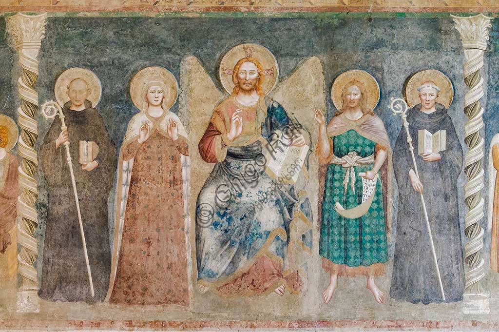 Codigoro, Pomposa Abbey, Refectory: fourteenth-century frescoes attributed to the painter of the Rimini school, Maestro di Tolentino: "Deesis", ie Christ among the Virgin, Saint John, Saint Benedict, Saint Guido.
